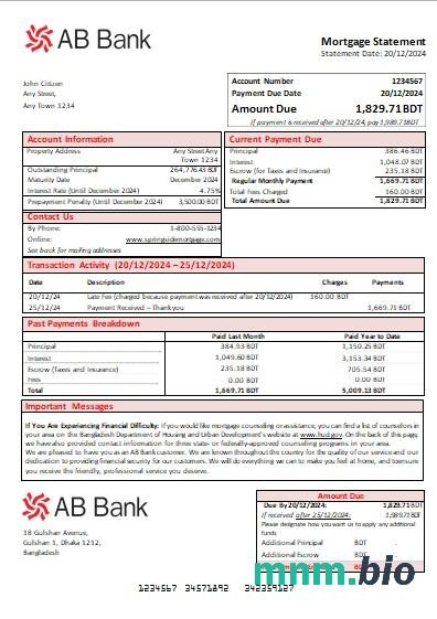 Bangladesz Bank AB wyciąg z kredytu hipotecznego szablon Word i PDF